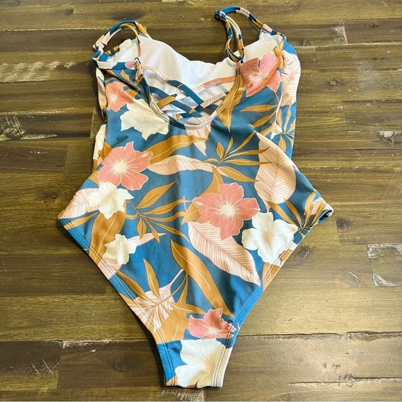 Kona Sol Floral Tropical One Piece Cream Tan Blue Neutral Small - Picture 2 of 6